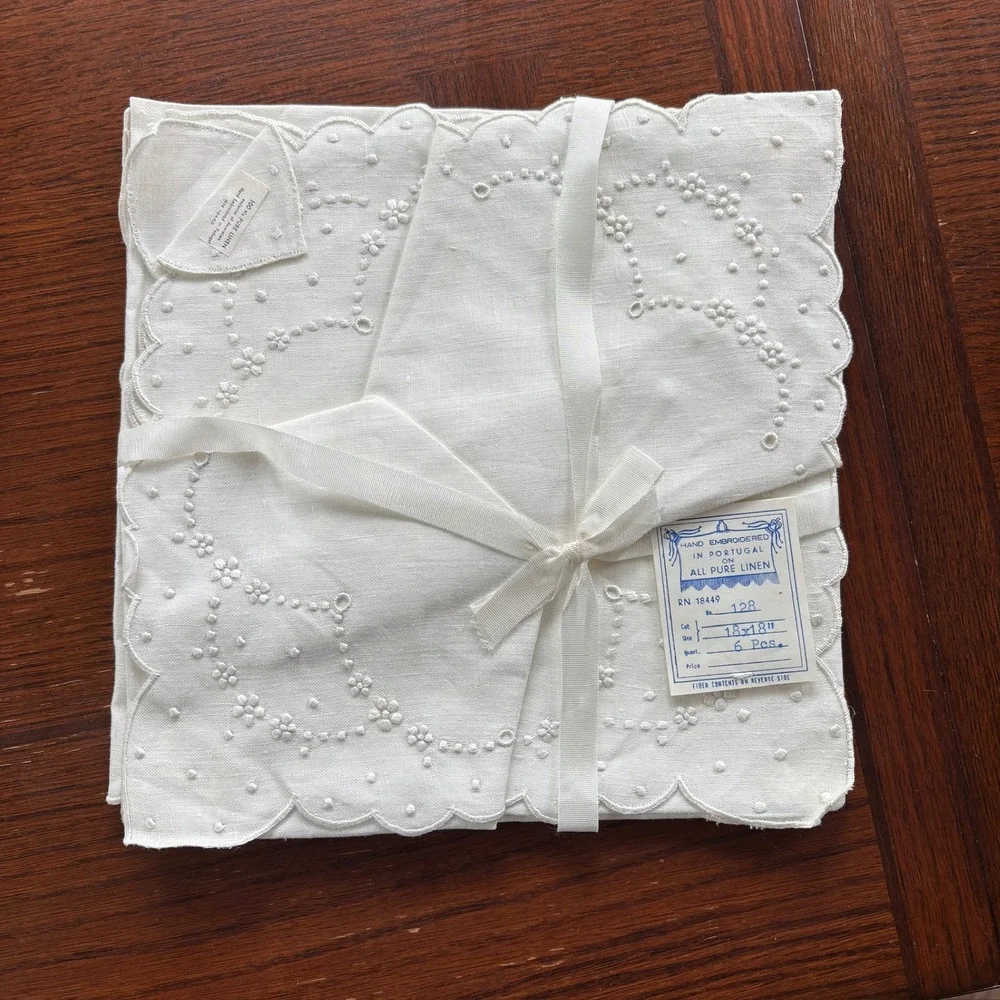 Vintage Hand Embroidered Portugal Pure Linen Napkins Set of 6 White 18x18 |18449